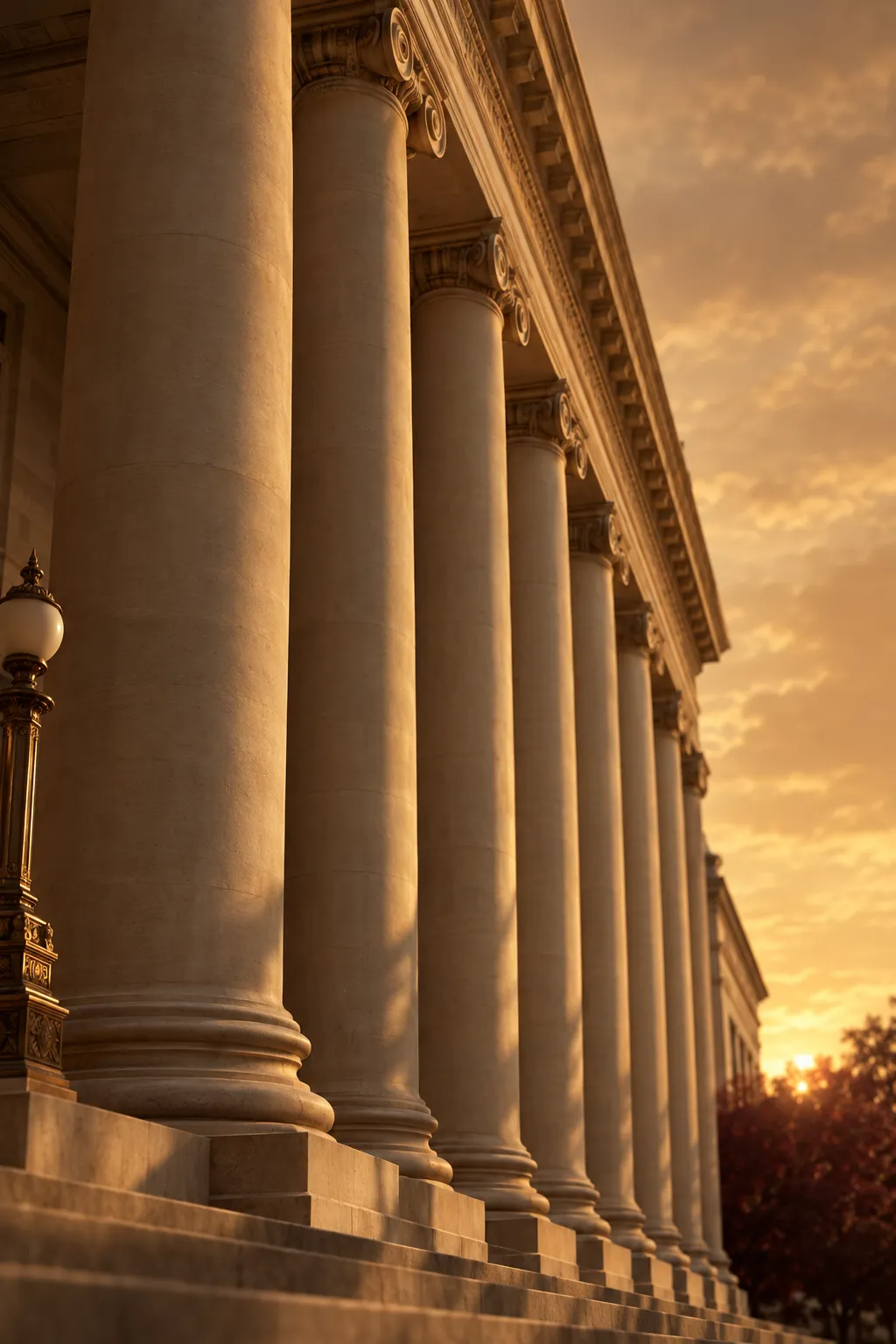 Limestone colonnade of a federal building at golden hour